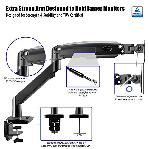 Invision Soporte Monitor de PC para Pantallas 22-35", Ergonómico Largo Brazo, Altura Ajustable (Alimentado por Gas) con Total Movimiento Inclinación y Giro VESA 75mm y 100mm Peso 3kg a 12kg (MX450)