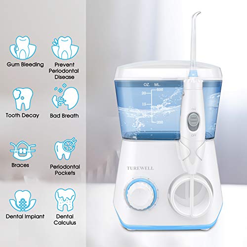 Irrigador Bucal Profesional - TUREWELL Irrigador Dental con 8 Boquillas 10 Ajustes de Presión Del Agua, 600 ML Gran Capacidad de Depósito,IPX7 Impermeable Limpieza Dientes, Limpieza Dental