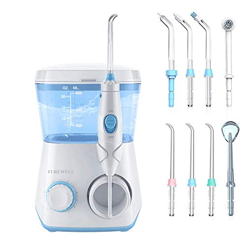 Irrigador Bucal Profesional - TUREWELL Irrigador Dental con 8 Boquillas 10 Ajustes de Presión Del Agua, 600 ML Gran Capacidad de Depósito,IPX7 Impermeable Limpieza Dientes, Limpieza Dental