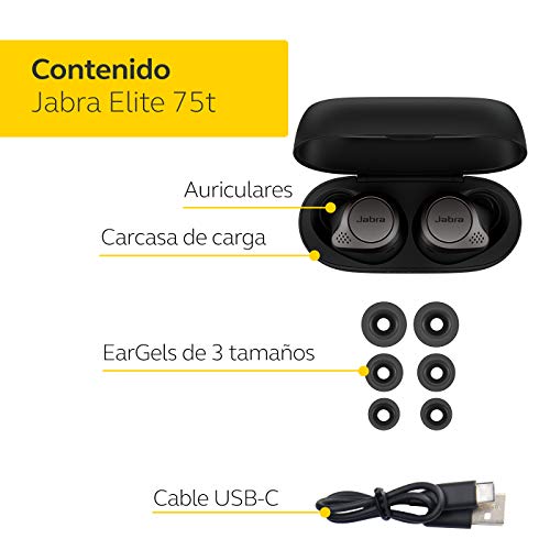 Jabra Elite 75t, Auriculares Bluetooth con Cancelación Activa de Ruido y batería de larga duración, Llamadas y música verdaderamente inalámbricas Negro Titanio