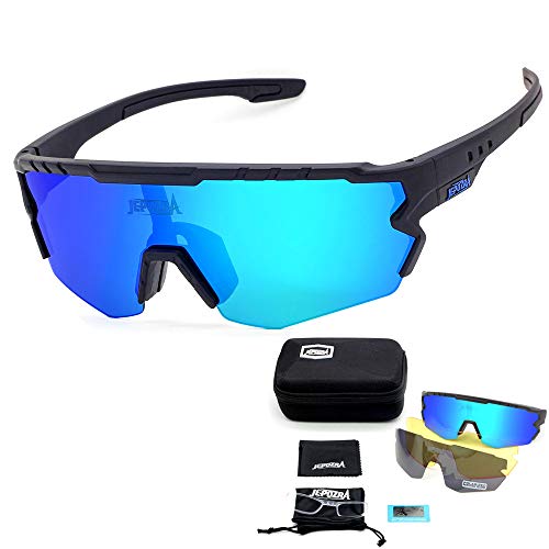 JEPOZRA Gafas Ciclismo Polarizadas, Gafas de Conducción de Medio Cuadro con 3 Lentes Intercambiables, Gafas de Protección UV para Montar Se Adapta al Esquí Correr Ciclismo,Deportes al Aire Libre