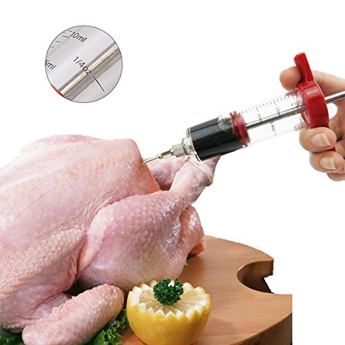 Jeringa de Cocina para Marinar Inyector de Salsas 60ml Inyector de Condimento con 3 Agujas y 1 Cepillo de Limpieza Jeringa para Rellenar Carne Inyector Salsas Asados Pavo Res