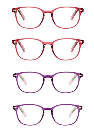 JM Gafas de Presbicia y Lectura. Cómodas y Duraderas con un Diseño Único. Para Mujer. +1.5 [Pack de 2x Rojas 2x Moradas]