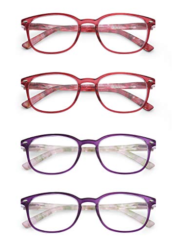 JM Gafas de Presbicia y Lectura. Cómodas y Duraderas con un Diseño Único. Para Mujer. +1.5 [Pack de 2x Rojas 2x Moradas]