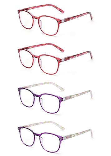 JM Gafas de Presbicia y Lectura. Cómodas y Duraderas con un Diseño Único. Para Mujer. +1.5 [Pack de 2x Rojas 2x Moradas]