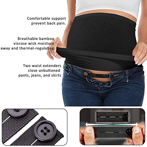 JMITHA 2pcs Banda de Vientre para Mujeres Embarazadas Extensor de Cintura Sin Costura + 4 Botón de extensión Ajustable para Pantalones (2 Negro, L)