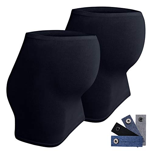 JMITHA 2pcs Banda de Vientre para Mujeres Embarazadas Extensor de Cintura Sin Costura + 4 Botón de extensión Ajustable para Pantalones (2 Negro, L)