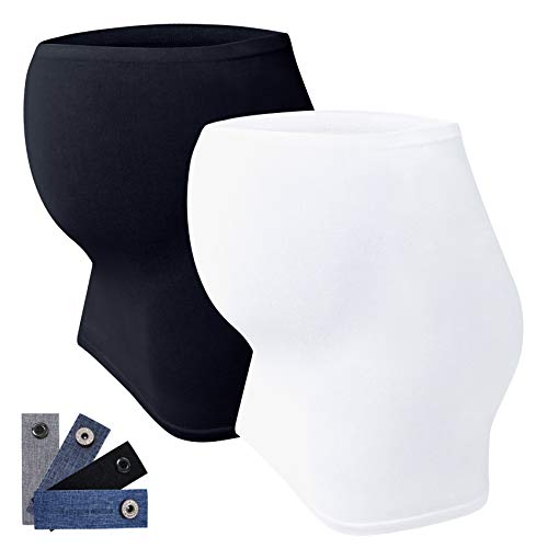 JMITHA 2pcs Banda de Vientre para Mujeres Embarazadas Extensor de Cintura Sin Costura + 4 Botón de extensión Ajustable para Pantalones (Negro + Blanco, L)