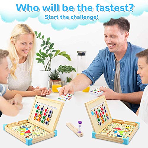 Jojoin Juego Tablero de Rompecabeza de Madera Lógico, Juguete Montessori Juego de Madera Puzzle Infantile con 10 Tarjeta de Patrón, Reloj de Arena, Pizarra y Rompecabeza Magnética de Figura y Número