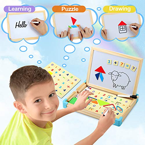 Jojoin Juego Tablero de Rompecabeza de Madera Lógico, Juguete Montessori Juego de Madera Puzzle Infantile con 10 Tarjeta de Patrón, Reloj de Arena, Pizarra y Rompecabeza Magnética de Figura y Número