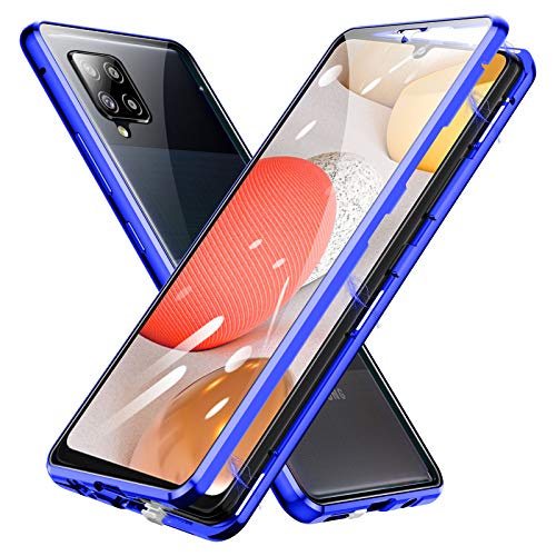 Jonwelsy Funda para Samsung Galaxy A42, Adsorción Magnética Parachoques Metal con 360 Grados Protección Case Cover Transparente Ambos Lados Vidrio Templado Cubierta para Samsung Galaxy A42 (Azul)