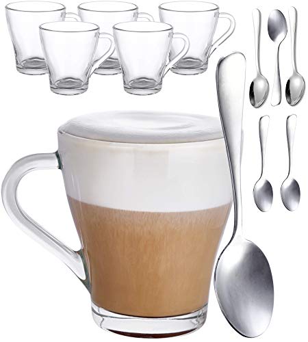 Juego de 6 Vasos de Cristal para Capuchino con Asa - Con 6 Cucharas - 250ml - Mantienen el Cafe Caliente