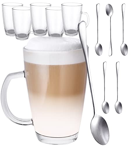 Juego de 6 Vasos para Latte Macchiato de Cristal con Asa - Con 6 Cucharas - 300ml - Mantienen el Cafe Caliente