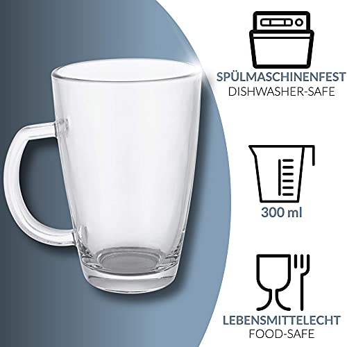 Juego de 6 Vasos para Latte Macchiato de Cristal con Asa - Con 6 Cucharas - 300ml - Mantienen el Cafe Caliente