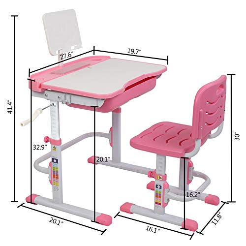 Juego de mesa y silla para niños Kid Estudio Escritorio y silla de 80 cm de elevación accionados a mano sobre la mesa Can Chasis de la inclinación aprendiendo los niños Vector Y Silla rosada con la le