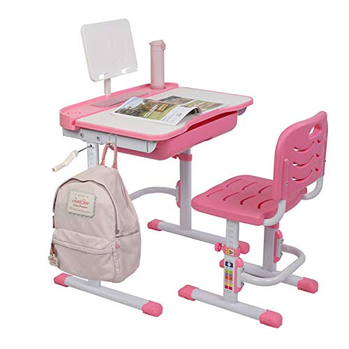 Juego de mesa y silla para niños Kid Estudio Escritorio y silla de 80 cm de elevación accionados a mano sobre la mesa Can Chasis de la inclinación aprendiendo los niños Vector Y Silla rosada con la le