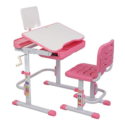 Juego de mesa y silla para niños Kid Estudio Escritorio y silla de 80 cm de elevación accionados a mano sobre la mesa Can Chasis de la inclinación aprendiendo los niños Vector Y Silla rosada con la le