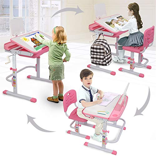 Juego de mesa y silla para niños Kid Estudio Escritorio y silla de 80 cm de elevación accionados a mano sobre la mesa Can Chasis de la inclinación aprendiendo los niños Vector Y Silla rosada con la le