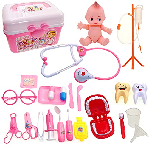 JZK Kit médico Rosa para niños, Juego de Juego de simulación de Doctores y Enfermeras para niños, Juego de Caja de medicamentos, Regalo de cumpleaños para niños pequeños, niñas y niños pequeños