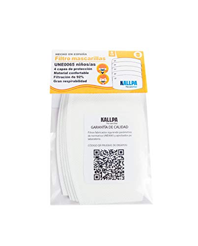 KALLPA® 5 filtros para mascarillas niños UNE0065 - REUTILIZABLES - fabricados en ESPAÑA - hidrófobo, antiestático y antibacteriano, muy transpirable, (TNT) (tnt)