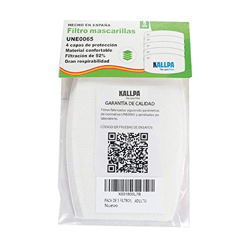 KALLPA® 5 filtros para mascarillas UNE0065 - REUTILIZABLES - fabricados en ESPAÑA - hidrófobo, antiestático y antibacteriano, muy transpirable, (TNT) (tnt)