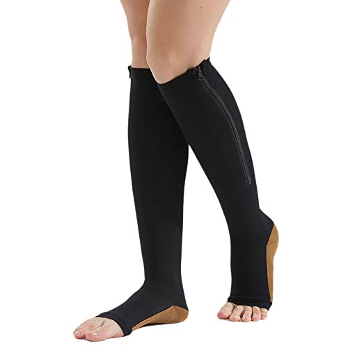 Katigan Medias de CompresióN CalcetíN de CompresióN con Cremallera de Nylon Pierna Soporte de Rodilla Punta Abierta Que Evita Las Venas Varicosas Calcetines EláSticos (Negro) XXL