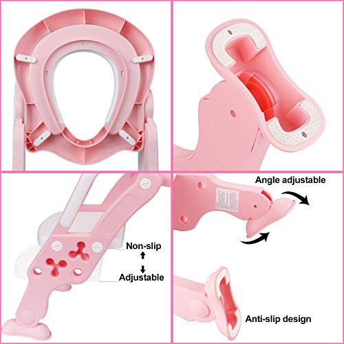 KEPLIN - Escalera de aprendizaje infantil para asiento de inodoro con escalón ancho antideslizante y cojín suave rosa rosa