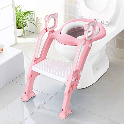 KEPLIN - Escalera de aprendizaje infantil para asiento de inodoro con escalón ancho antideslizante y cojín suave rosa rosa