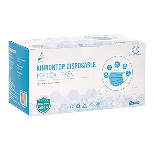 Kinbontop Mascarilla Quirúrgica Desechable Homologada, Tipo IIR de Triple Capa, Transpirables, paquete de 50 unidades, Empaquetado Individual