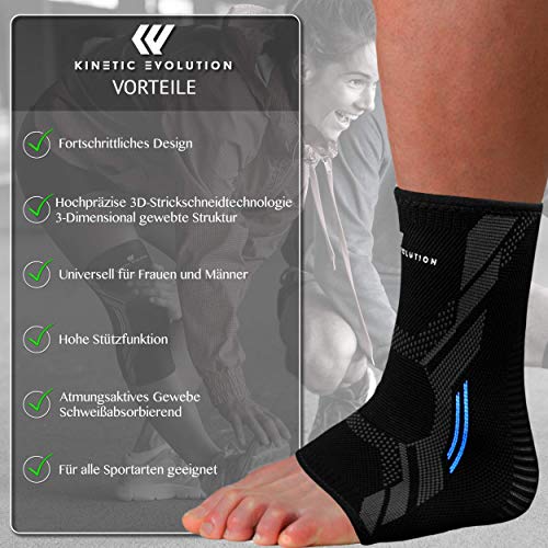 KINETIC EVOLUTION Tobillera para hombre y mujer, 2 unidades, antideslizante, tobillera transpirable, vendaje de compresión, vendaje para el tobillo, vendaje deportivo para fútbol (M, negro)