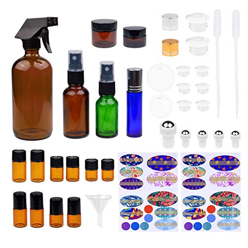 Kit de Botellas de Aceite Esencial Recargables - 16 Botellas/Tarros de aceite esencial de varios tamaños, 3 Atomizadores, 16 Tapas, 78 Etiquetas (4 tamaños), 2 Goteros + Embudo