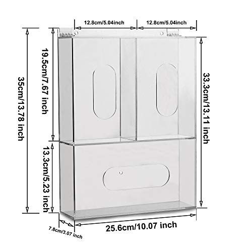 KOEMEHR Dispensador de guantera desechable con triple estante para guantes con tapa para organizador de montaje en pared para servicio de alimentos, laboratorio, oficina médica, transparente