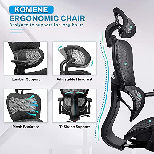 KOMENE - Silla Ergonómica para Escritorio de Oficina, Respaldo y Reposacabezas Ajustables, 3D Reposabrazos Abatibles, Silla Ergonómica para Computadora, Silla Ejecutiva para Juegos o Oficina（Negro）