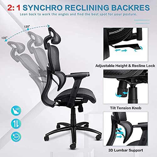 KOMENE - Silla Ergonómica para Escritorio de Oficina, Respaldo y Reposacabezas Ajustables, 3D Reposabrazos Abatibles, Silla Ergonómica para Computadora, Silla Ejecutiva para Juegos o Oficina（Negro）