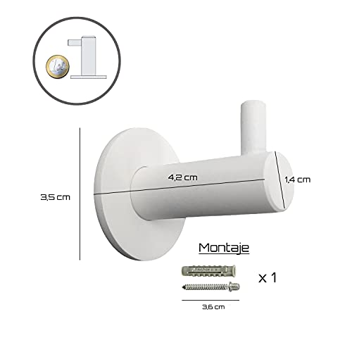 Kon-fort Home Colgador toalla blanco, Juego 2 accesorios baño de diseño, acero inoxidable blanco, para colgar toallas, albornoces, sombreros. Perchas de pared resistentes, color blanco mate.