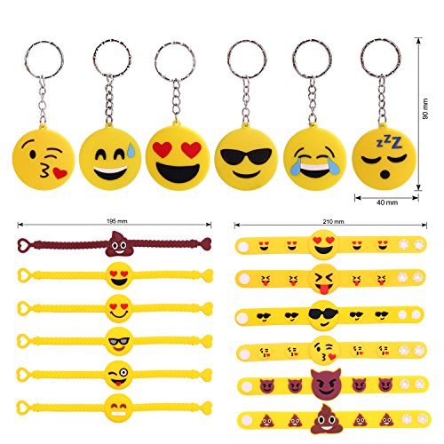 Konsait 70 Pack Emoji Bolsas de Cuerdas, Emoji Llavero, Emoji Pulseras de Silicona Goma, Emoji Tatuajes temporales para pi?ata Art¨ªculos de Fiesta de Cumplea?os Regalo Juguete for Ni?os Infantiles