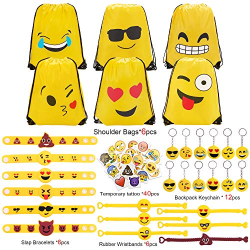 Konsait 70 Pack Emoji Bolsas de Cuerdas, Emoji Llavero, Emoji Pulseras de Silicona Goma, Emoji Tatuajes temporales para pi?ata Art¨ªculos de Fiesta de Cumplea?os Regalo Juguete for Ni?os Infantiles