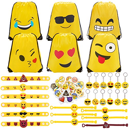 Konsait 70 Pack Emoji Bolsas de Cuerdas, Emoji Llavero, Emoji Pulseras de Silicona Goma, Emoji Tatuajes temporales para pi?ata Art¨ªculos de Fiesta de Cumplea?os Regalo Juguete for Ni?os Infantiles