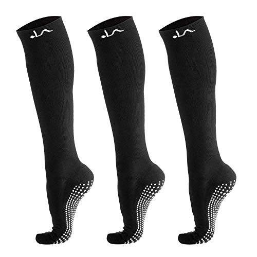 LA Active Calcetines de Compresión Antideslizantes Compressport - 20-30 mmHg - Alto de Rodilla Medias Deportivos Hombre y Mujer - Avion, Hospital, Embarazos (Negro x 3, 44-47 EU)