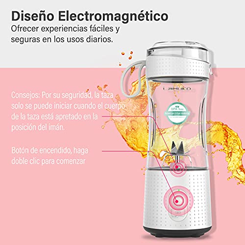 LaHuko Licuadora Portátil, Mini Batidora Personal para Batidos y Smoothies, 4000mAh batería con USB Recargable (Individuals 380ML, Blanco, para Jugo, Batido, Salsas, Comida para Bebé)