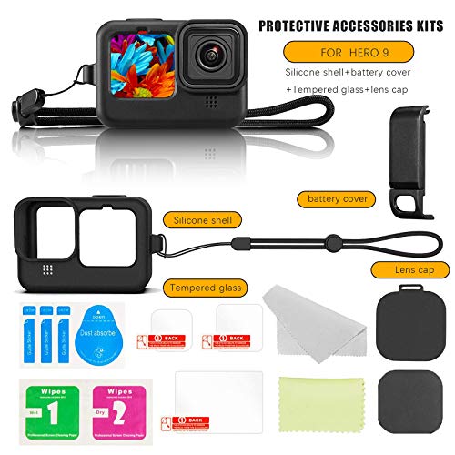 Lammcou Funda protectora de silicona de repuesto para Hero 9 10 Black + Funda protectora lateral + Protector de pantalla de vidrio templado + Funda de lente, Funda de silicona para Hero 9 10 Accessory