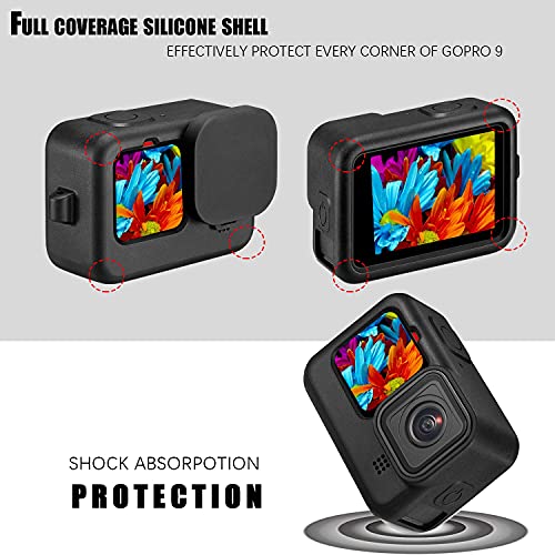 Lammcou Funda protectora de silicona de repuesto para Hero 9 10 Black + Funda protectora lateral + Protector de pantalla de vidrio templado + Funda de lente, Funda de silicona para Hero 9 10 Accessory