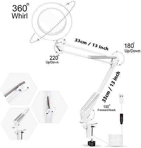 Lampara Lupa,NEWACALOX Lámpara de Aumento LED Ampliación 5X con Brazo Oscilante de Metal,3 Modos de Color, Lente de Vidrio de 105 mm de DiáMetro, Abrazadera Ajustable Lampara Escritorio