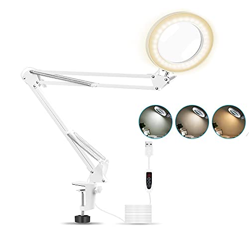 Lampara Lupa,NEWACALOX Lámpara de Aumento LED Ampliación 5X con Brazo Oscilante de Metal,3 Modos de Color, Lente de Vidrio de 105 mm de DiáMetro, Abrazadera Ajustable Lampara Escritorio