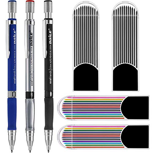 Lápiz mecánico de 3 piezas 2.0 mm con bonificaciones 4 casos de recargas de plomo, Recargas de color y negro para proyectos de dibujo, escritura, manualidades, dibujo de arte, carpintero.