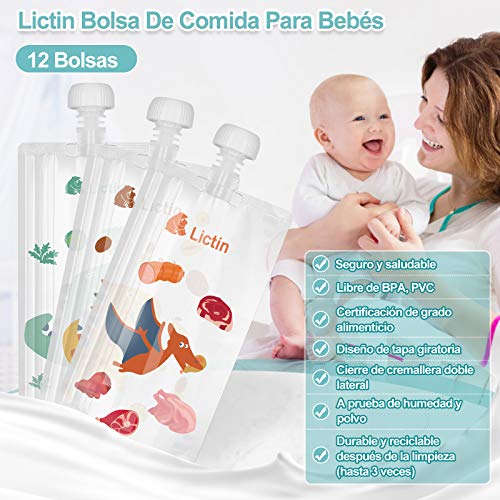 Lictin Bolsa de Alimento Reutilizable para Bebé-12PCS Bolsitas de Comida para Bebé de 210 ml sin BPA PVC para Bebés con Diseño de Patrón