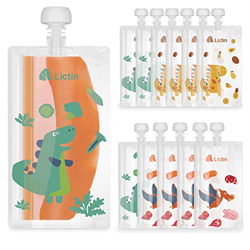 Lictin Bolsa de Alimento Reutilizable para Bebé-12PCS Bolsitas de Comida para Bebé de 210 ml sin BPA PVC para Bebés con Diseño de Patrón