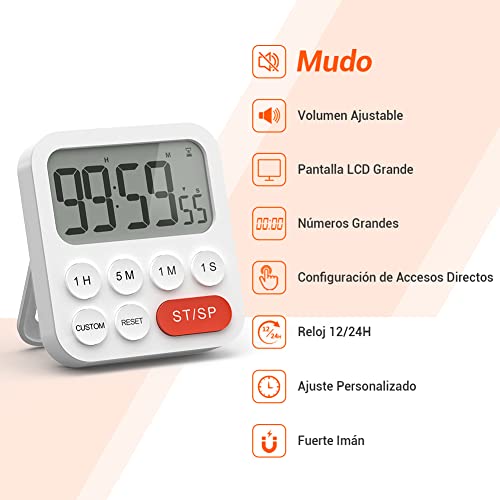 LIORQUE Temporizador de Cocina Digital Temporizador Multifunción con Función de Reloj, Ajuste Rapido, 3 Niveles de Volumen, Respaldo Magnético, Soporte Plegable (2 Pilas AAA Incluidas)