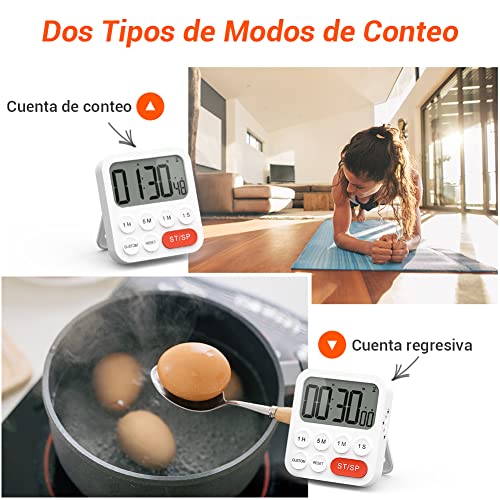 LIORQUE Temporizador de Cocina Digital Temporizador Multifunción con Función de Reloj, Ajuste Rapido, 3 Niveles de Volumen, Respaldo Magnético, Soporte Plegable (2 Pilas AAA Incluidas)