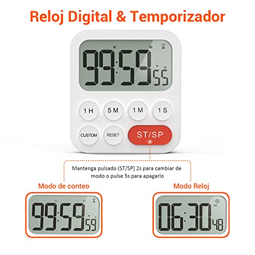 LIORQUE Temporizador de Cocina Digital Temporizador Multifunción con Función de Reloj, Ajuste Rapido, 3 Niveles de Volumen, Respaldo Magnético, Soporte Plegable (2 Pilas AAA Incluidas)